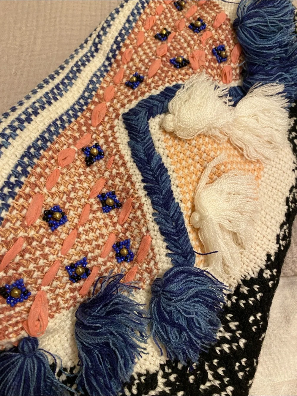 Anthropologie HelloHydrangea Navy, Cream & Peach Knit Tassel Scarf . New